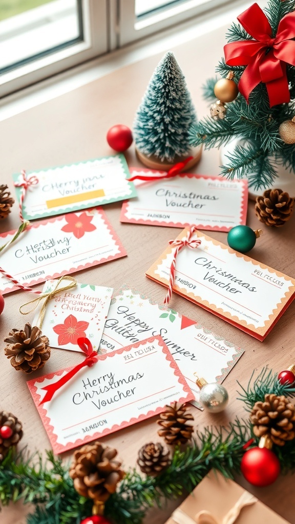 Homemade Christmas Gift Voucher Recipe A collection of colorful homemade Christmas gift vouchers on a festive table with holiday decorations.